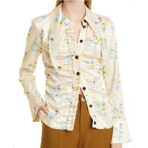 Ganni Crinkled Satin Floral Print Button-down with exaggerated collar Size 0